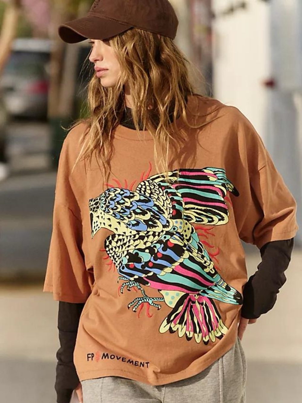 NWT FREE PEOPLE MOVEMENT Elliot Snowman Embroidered Graphic Tee | Camel Combo